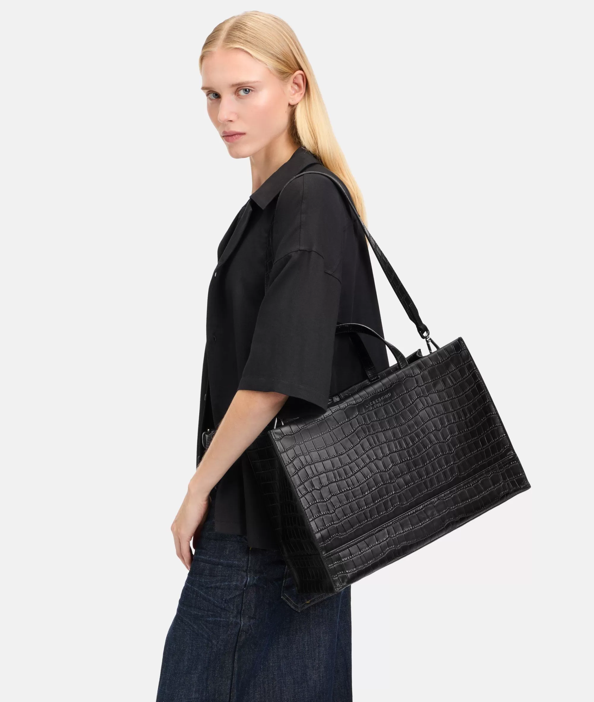 LIEBESKIND BERLIN  Ledertaschen | Schultertaschen<Kroko Lou Satchel L schwarz